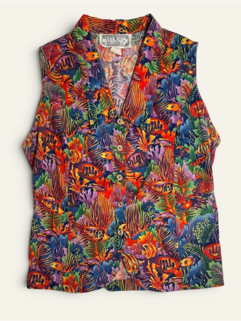 Vintage Key West Hand Print Tropical Fish Coral Button Front Top Medium USA
